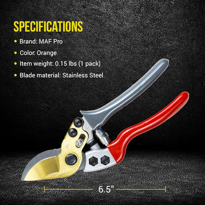 Pruning shears with red handles and gold blades on a black background, featuring MAF Pro branding.