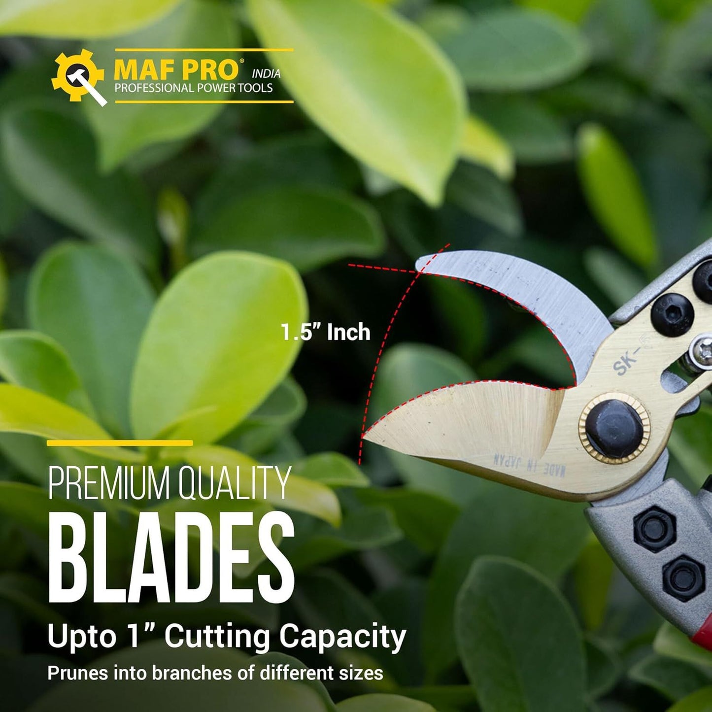 Gardening pruner with text highlighting blade quality and cutting capacity against a green leafy background.