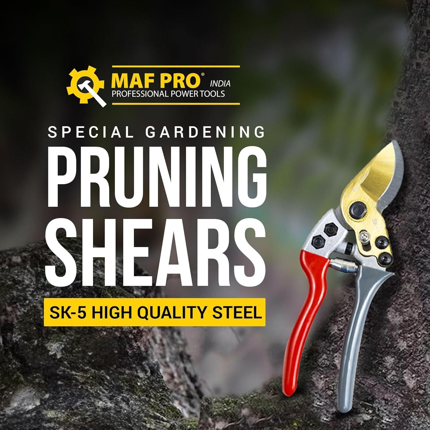 Pruning shears with MAF Pro branding on a natural background