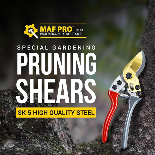 Pruning shears with MAF Pro branding on a natural background