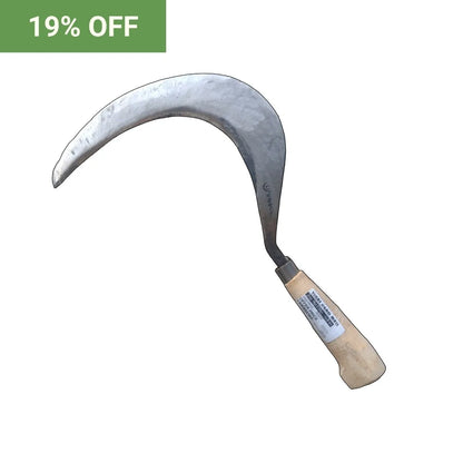 Sickle with wooden handle on a white background, 19% off text at the top left corner.