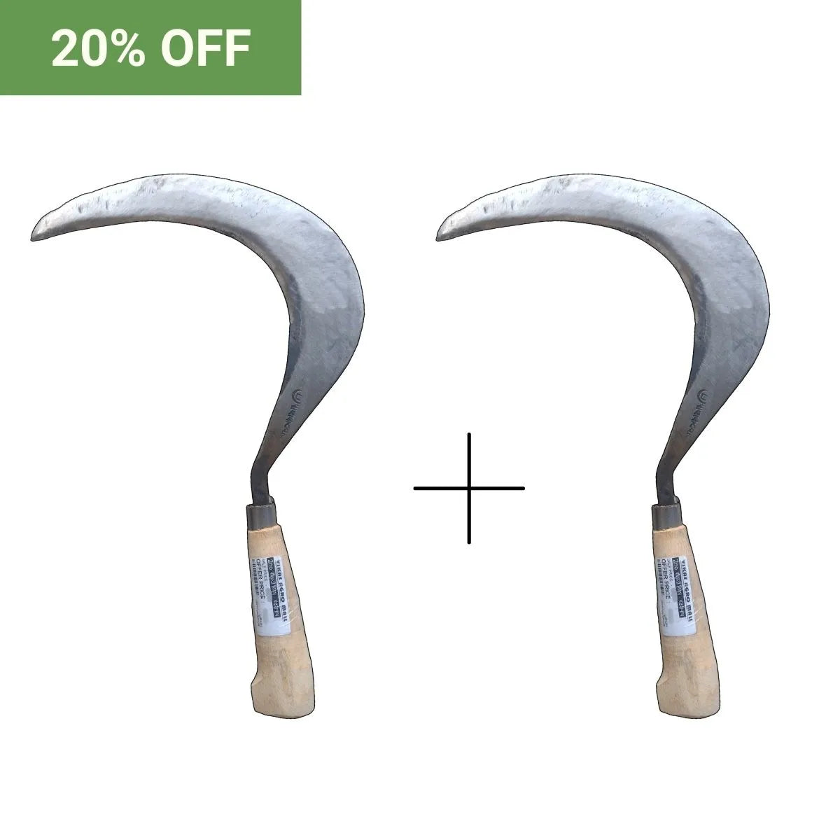 Two sickles with wooden handles on a white background, promotional text '20% OFF' in green box.