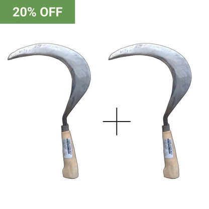 Two sickles with wooden handles on a white background, promotional text '20% OFF' in green box.