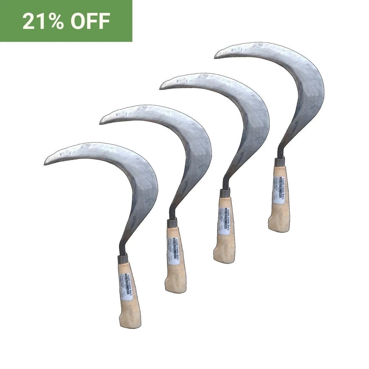 Set of four sickles with wooden handles on a white background, promotional text '21% OFF' at the top left corner.