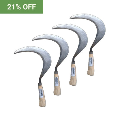 Set of four sickles with wooden handles on a white background, promotional text '21% OFF' at the top left corner.