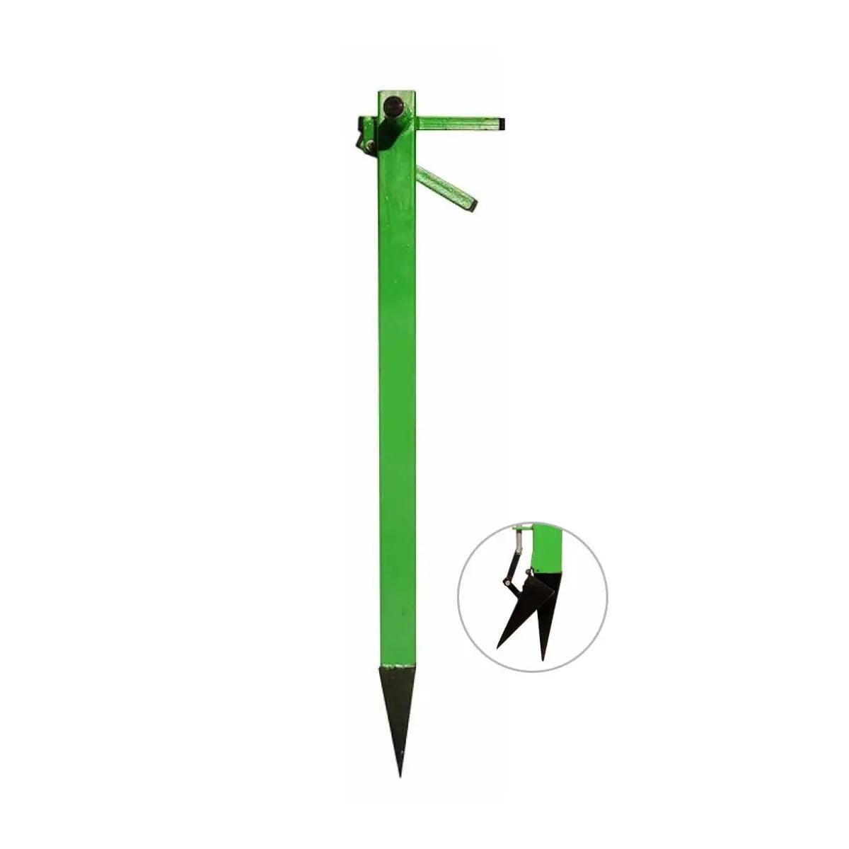 Green planter tool with a black pointed base on a white background
