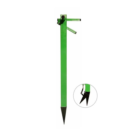 Green planter tool with a black pointed base on a white background