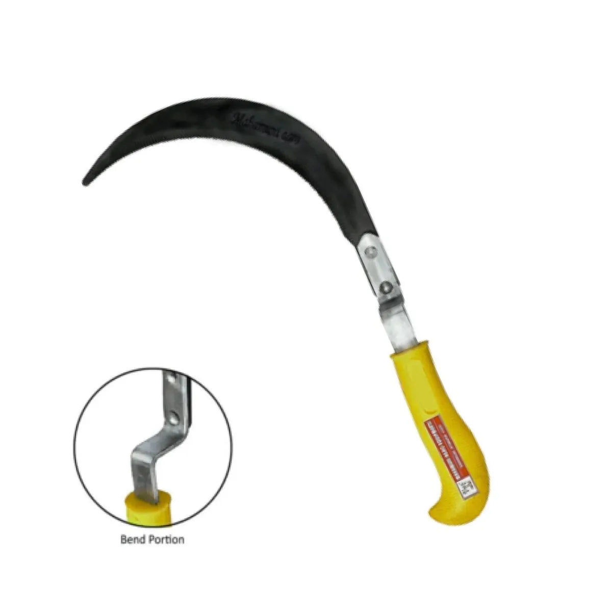 Sickle tool with yellow handle on a white background