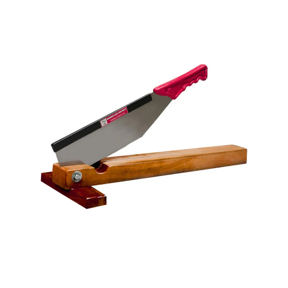 Manual sugacane bud cutting machine with red handle and wooden base on a white background