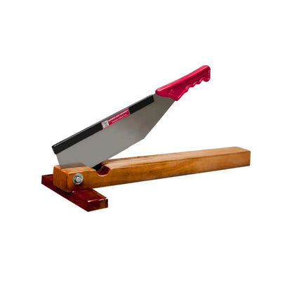 Manual sugacane bud cutting machine with red handle and wooden base on a white background