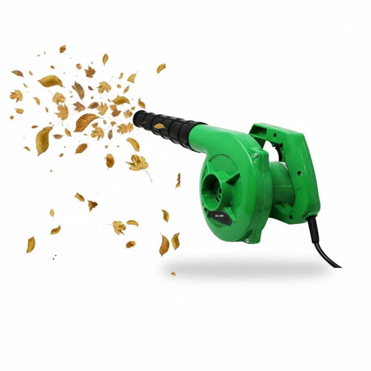 Green leaf blower with leaves being blown away on a white background