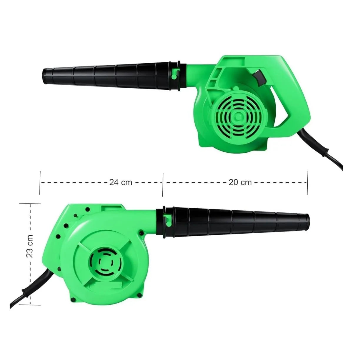 Green leaf blower with black nozzles and measurements on a white background