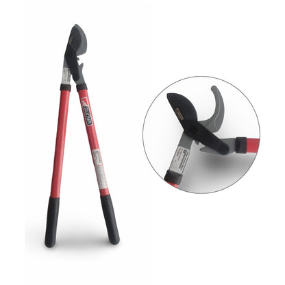 Garden pruner with red and black handles on a white background