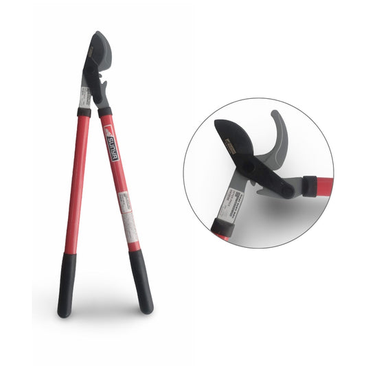 Garden pruner with red and black handles on a white background