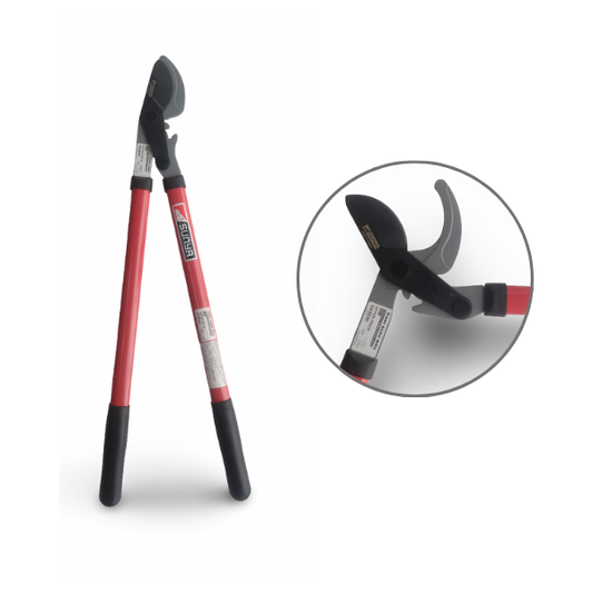 Garden pruners with red handles on a white background