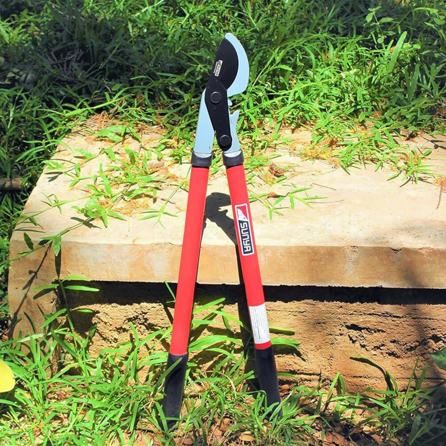 Garden pruner on a wooden block with grass in the background