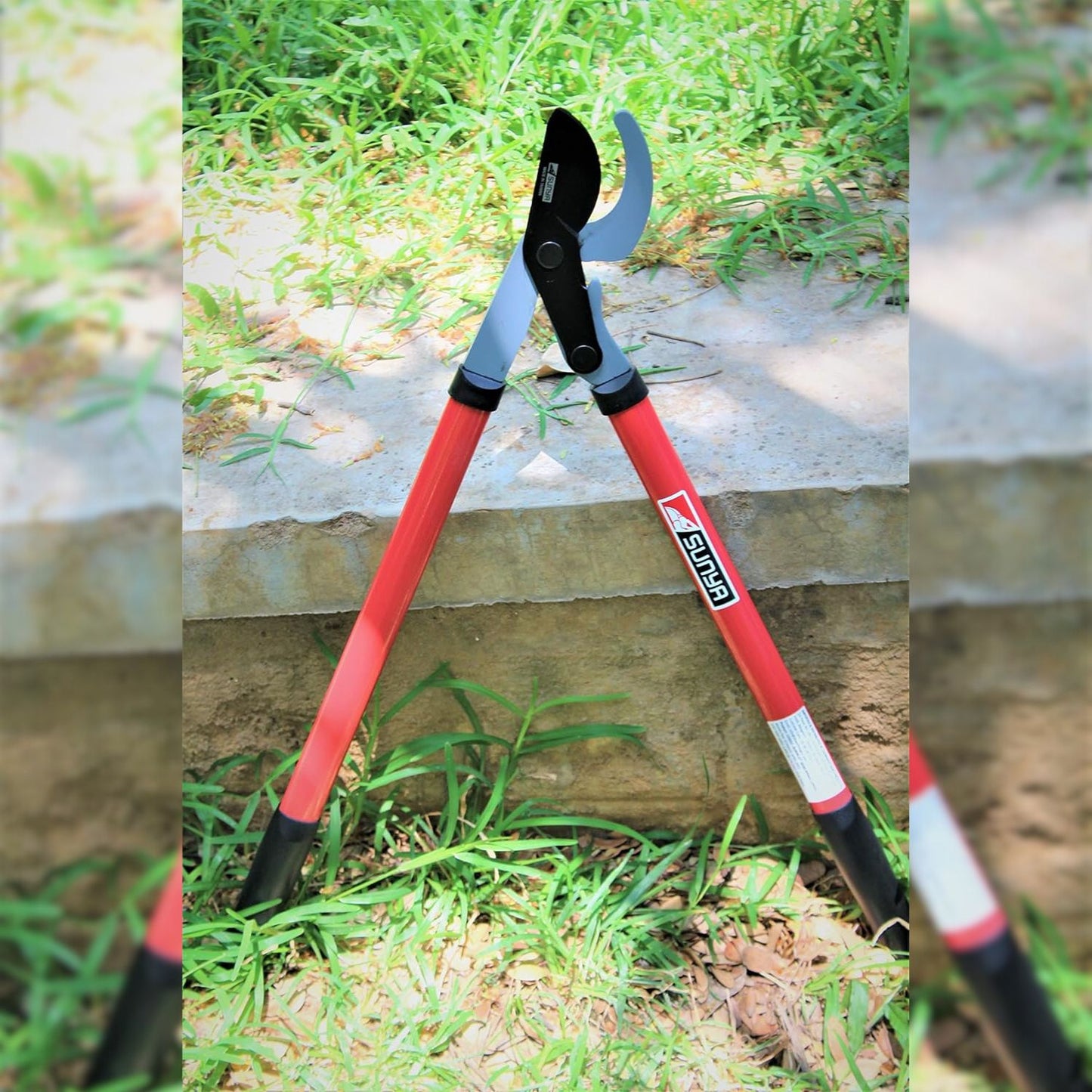 Garden pruner with red handle on a grassy ground