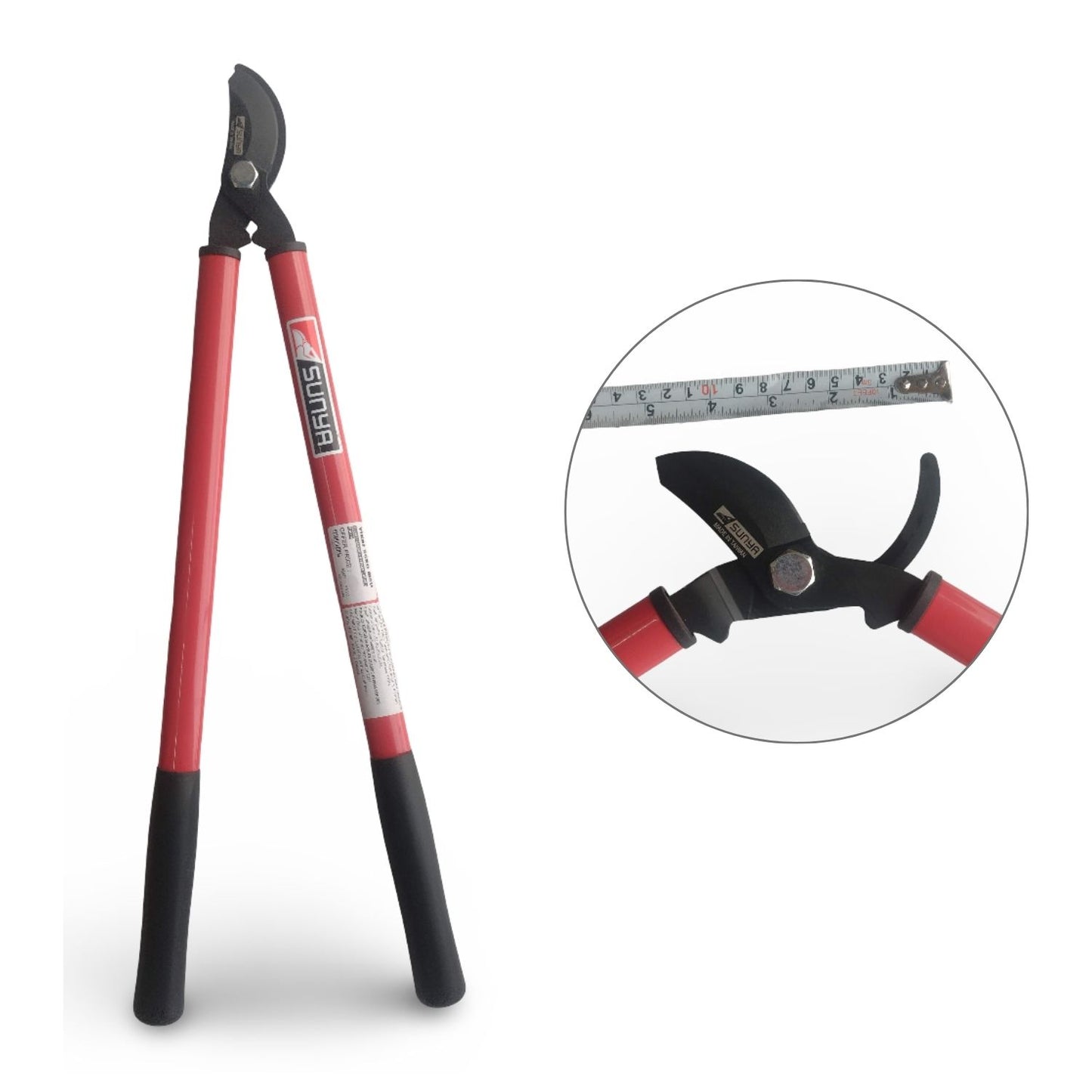 Garden pruner lopper with red and black handle on a white background