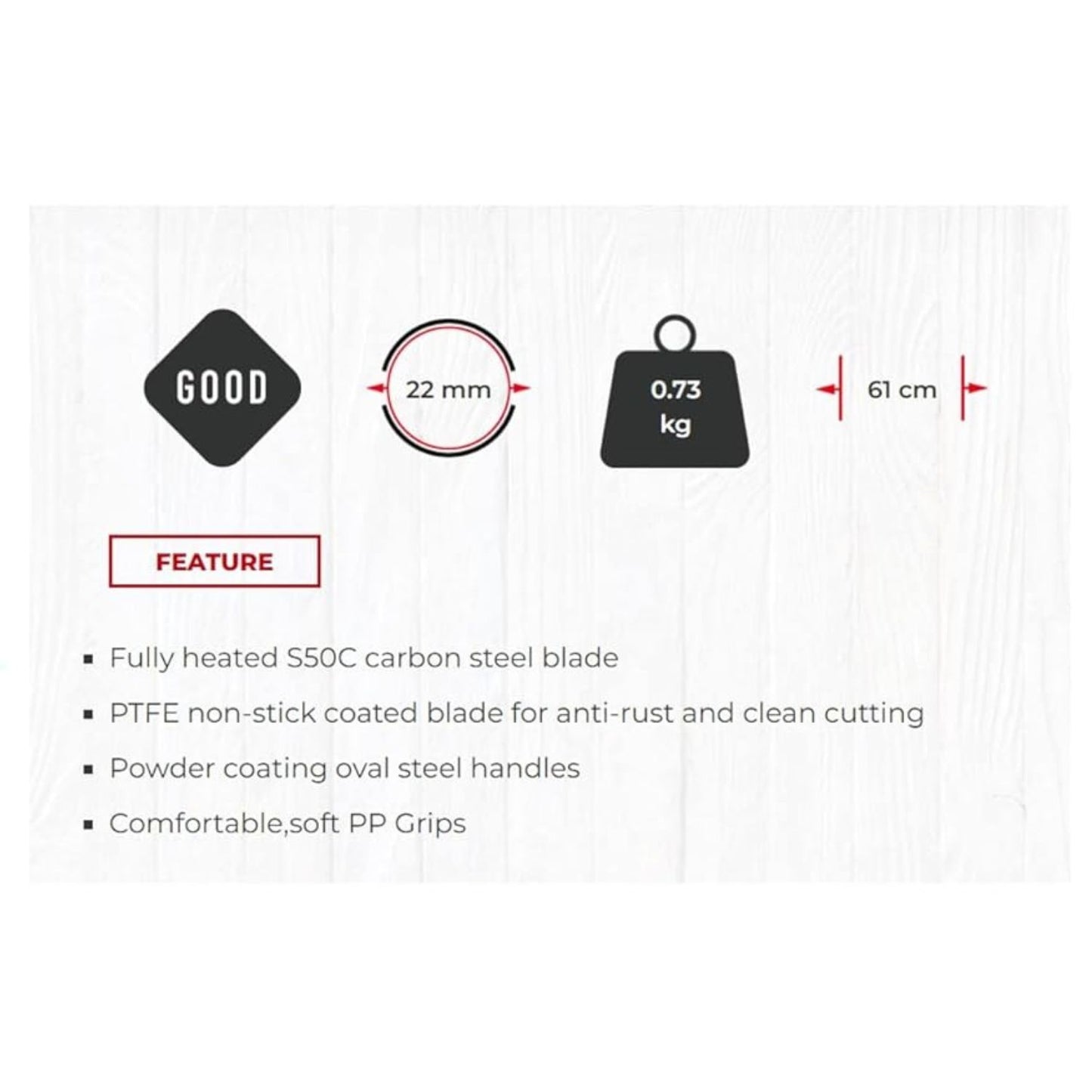 Product feature display with text and icons on a white background