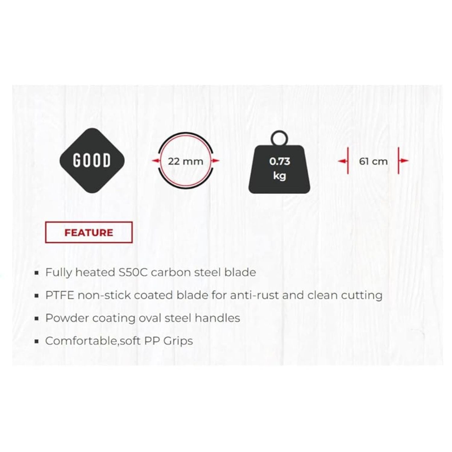 Product feature display with text and icons on a white background