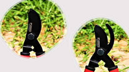 Garden pruning lopper with red accents on a white background