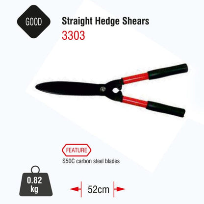 Straight hedge shears with black and red handles on a white background