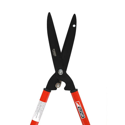Gardening shears with black blades and red handles on a white background