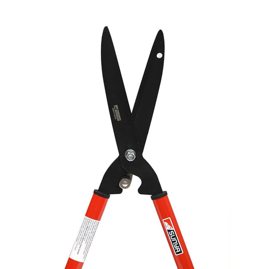 Gardening shears with black blades and red handles on a white background