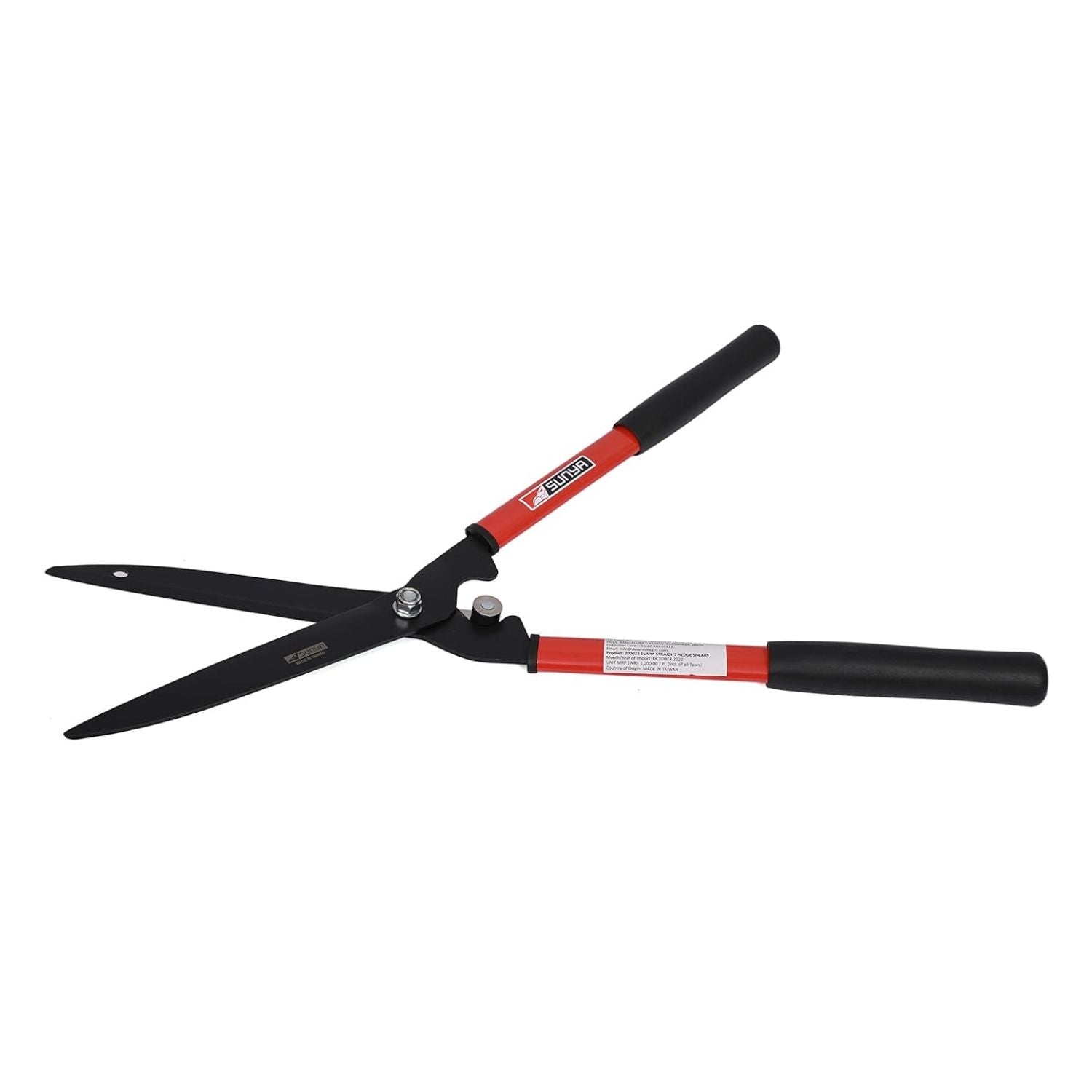 Hedge shears with black blades and red handles on a white background