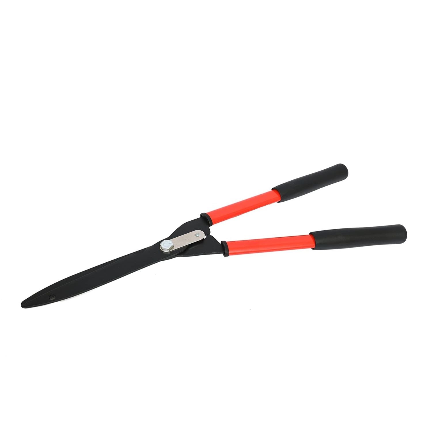 Hedge trimmer with black and red handles on a white background