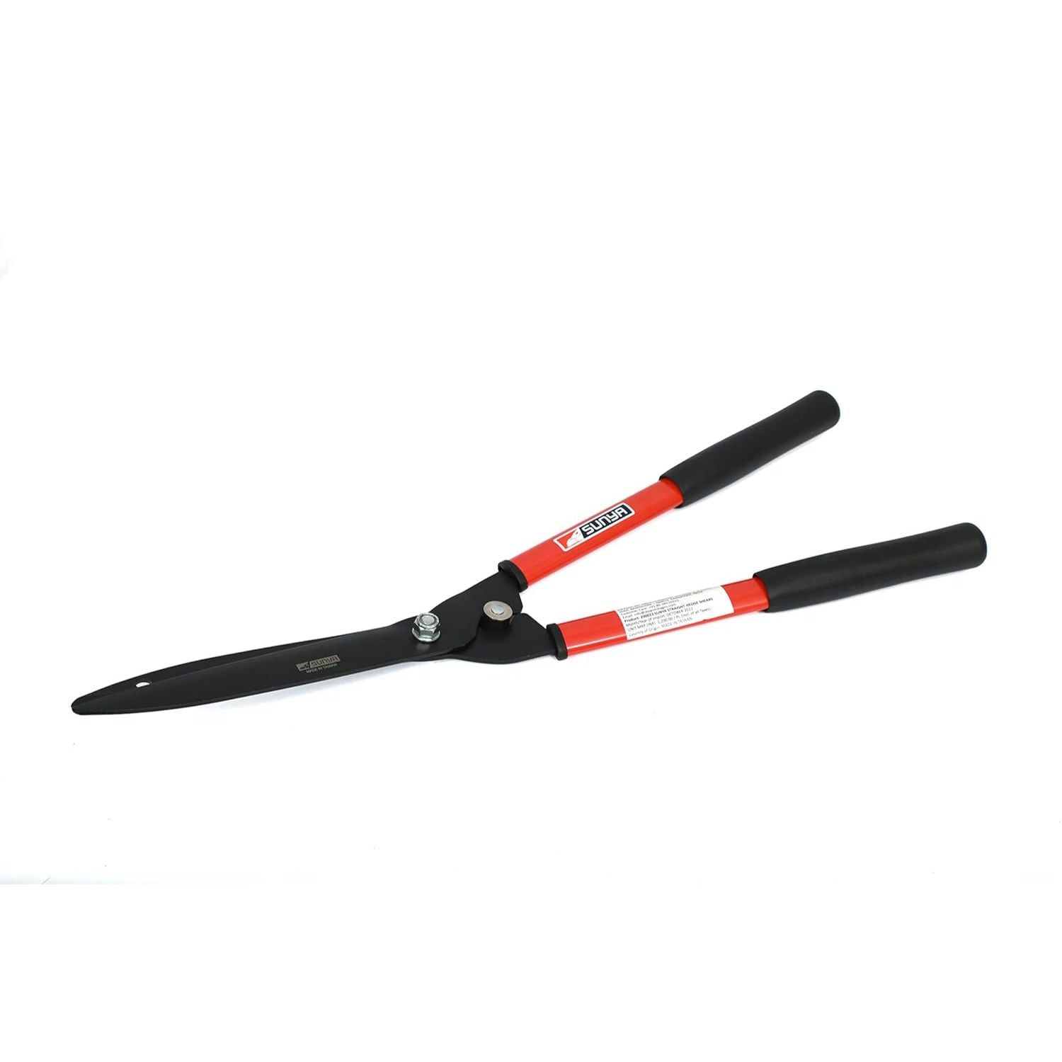 Hedge trimmer with black and red handles on a white background