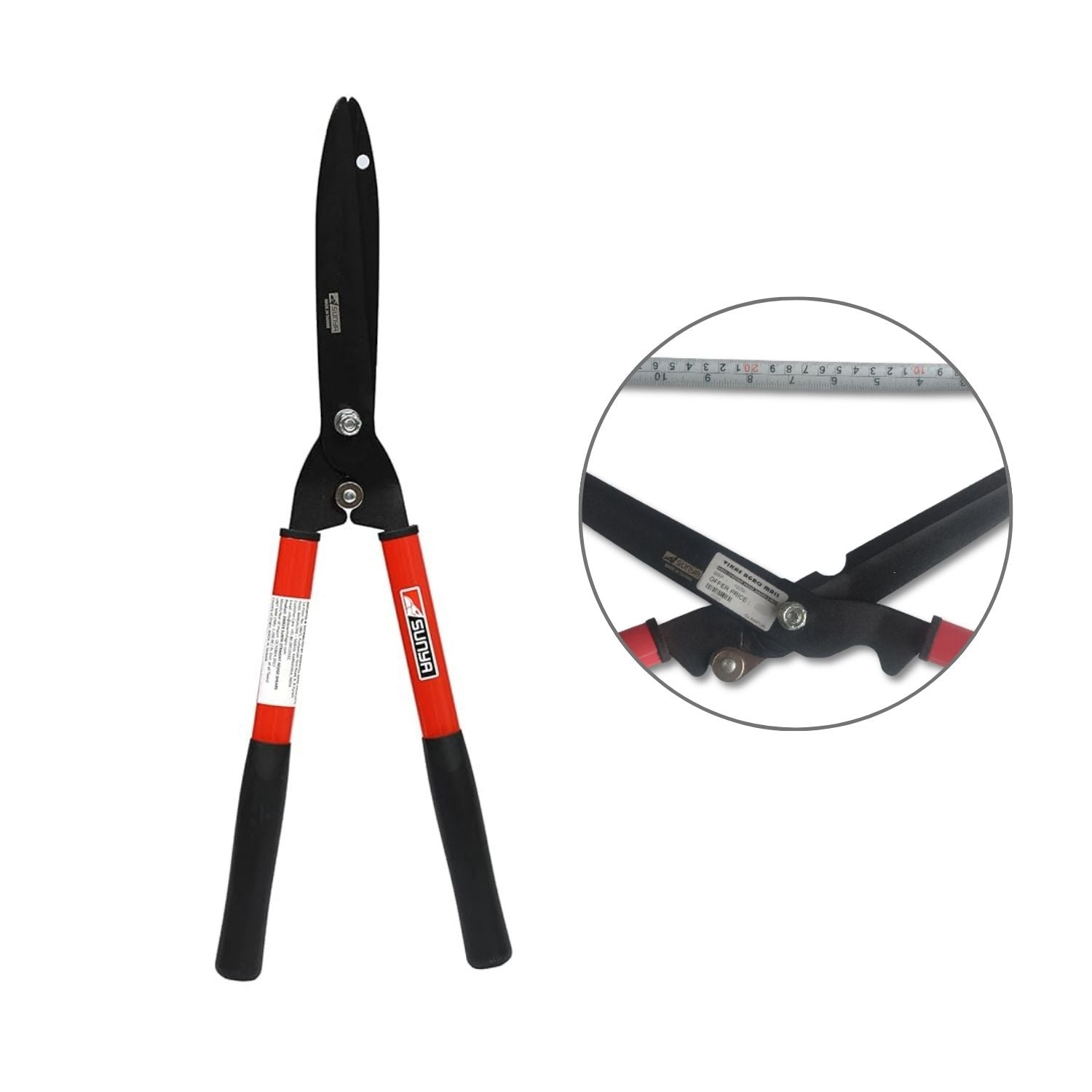 Gardening shears with black and red handles on a white background
