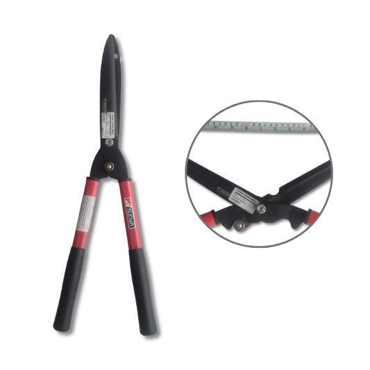 Gardening shears with a close-up inset showing the blade detail on a white background
