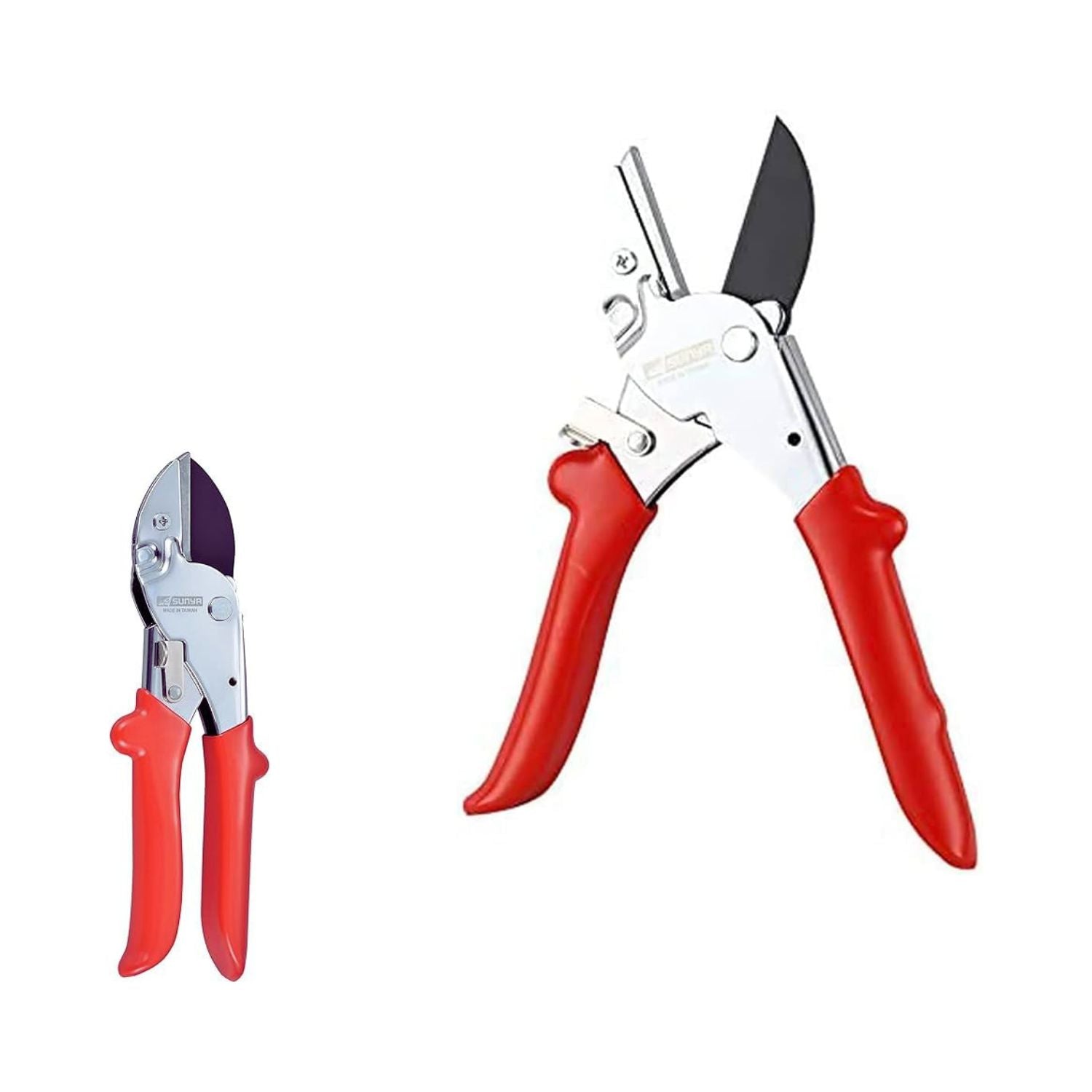 Two pairs of red-handled pruning shears on a white background