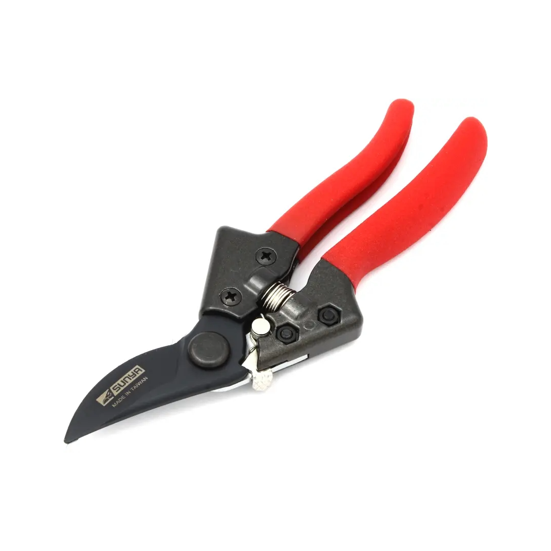 Pruning shears with red handles on a white background