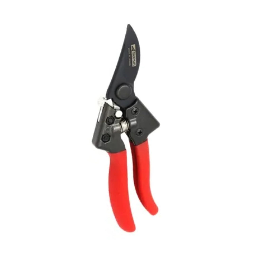 Gardening pruner with red handles on a white background