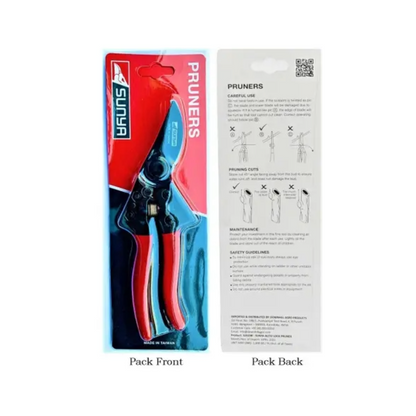 Sun Joe pruner packaging with front and back views on a white background