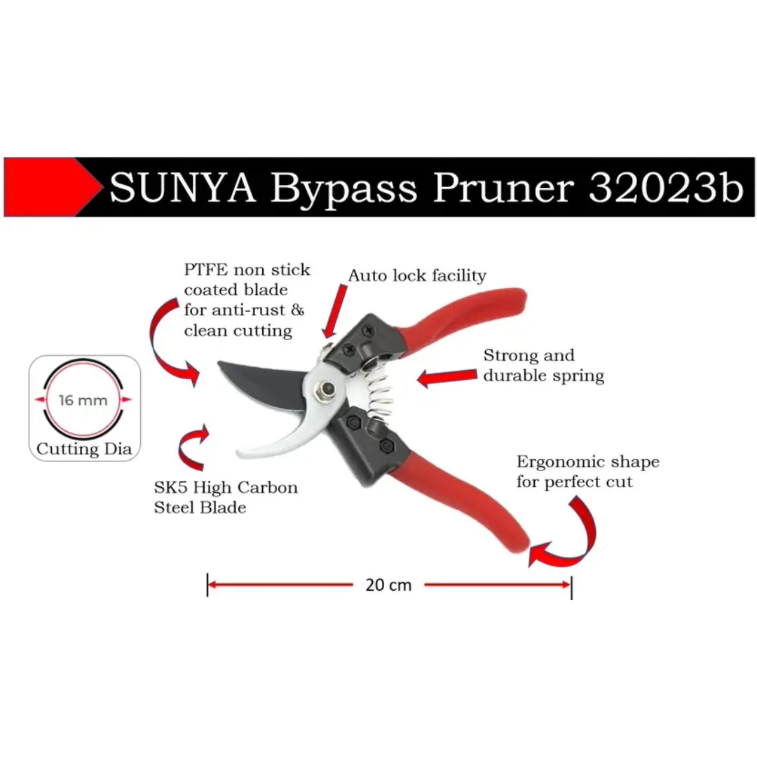 SUNYA Bypass Pruner 32023b with features highlighted on a white background