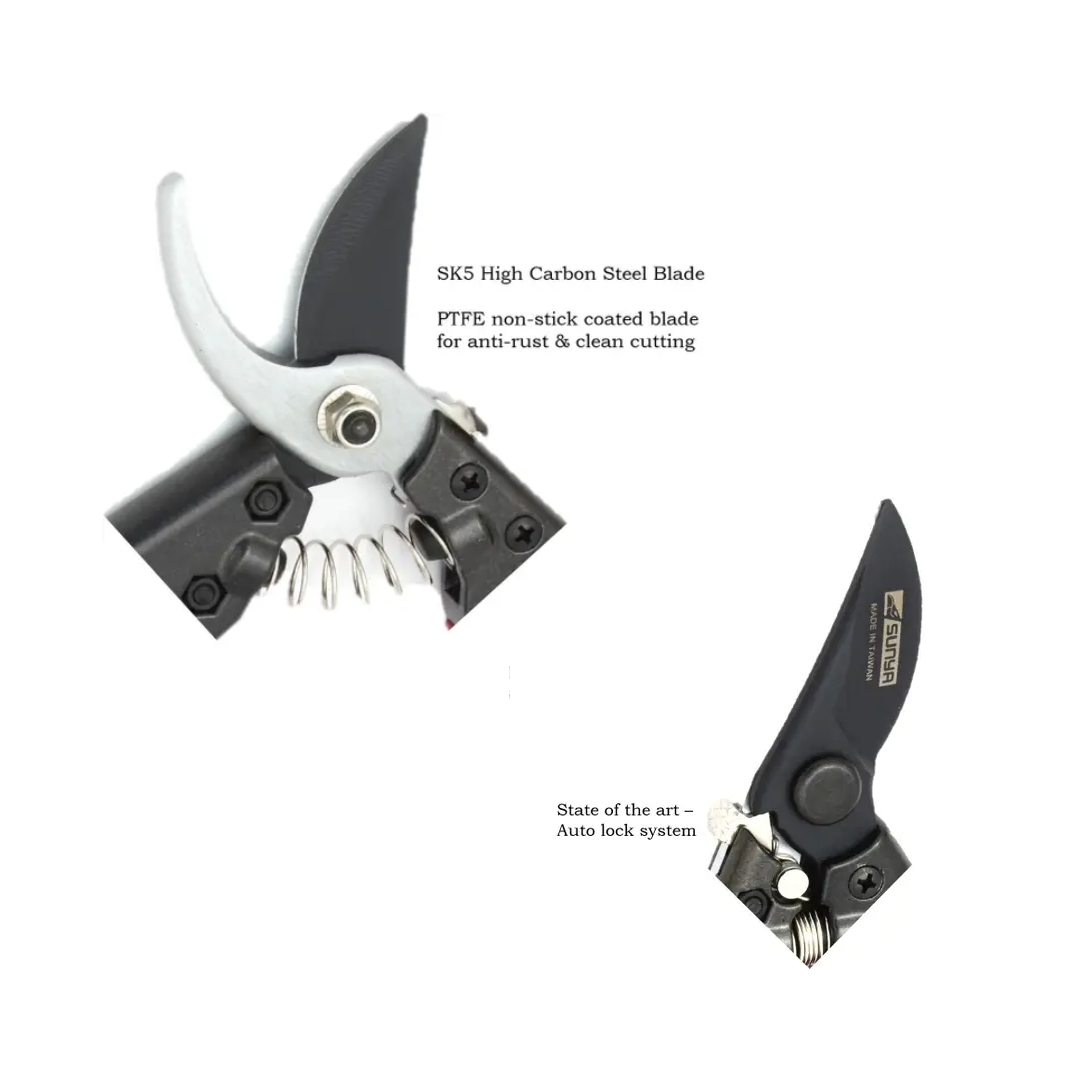 Garden pruner with text highlighting features on a white background