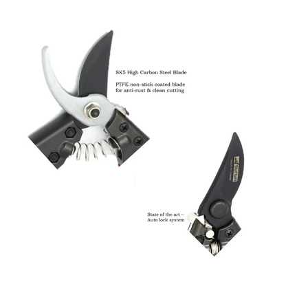 Garden pruner with text highlighting features on a white background
