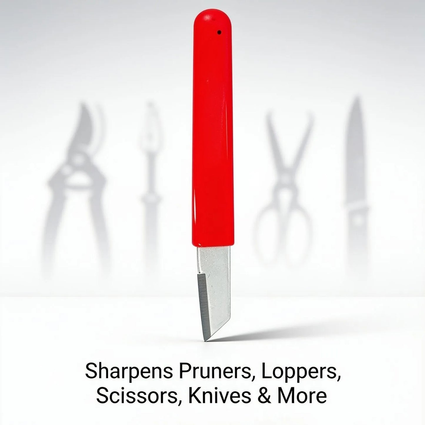 Red-handled tool sharpener on a white background with text indicating it sharpens pruners, loppers, scissors, knives, and more. Design by Vikas Agro Mall