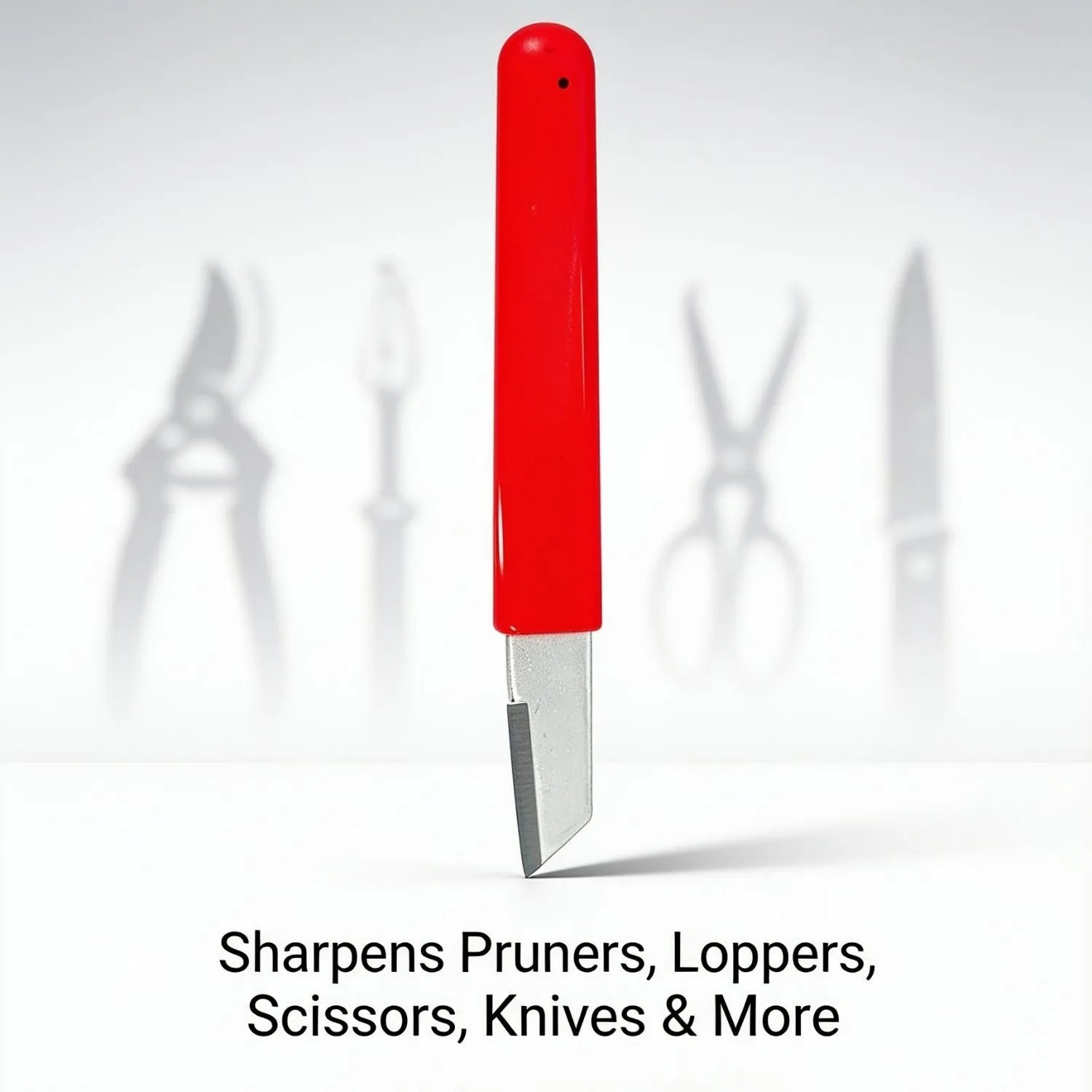 Red-handled tool sharpener on a white background with text indicating it sharpens pruners, loppers, scissors, knives, and more. Design by Vikas Agro Mall