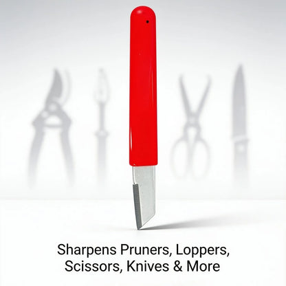 Red-handled tool sharpener on a white background with text indicating it sharpens pruners, loppers, scissors, knives, and more. Design by Vikas Agro Mall