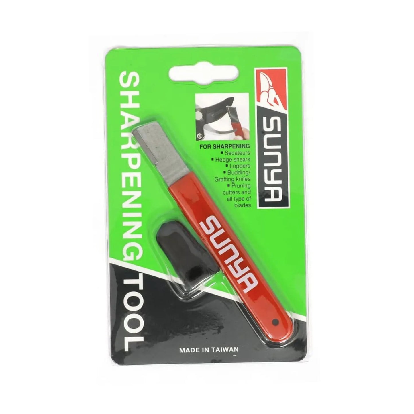 Sunra sharpening tool packaging with green and black design