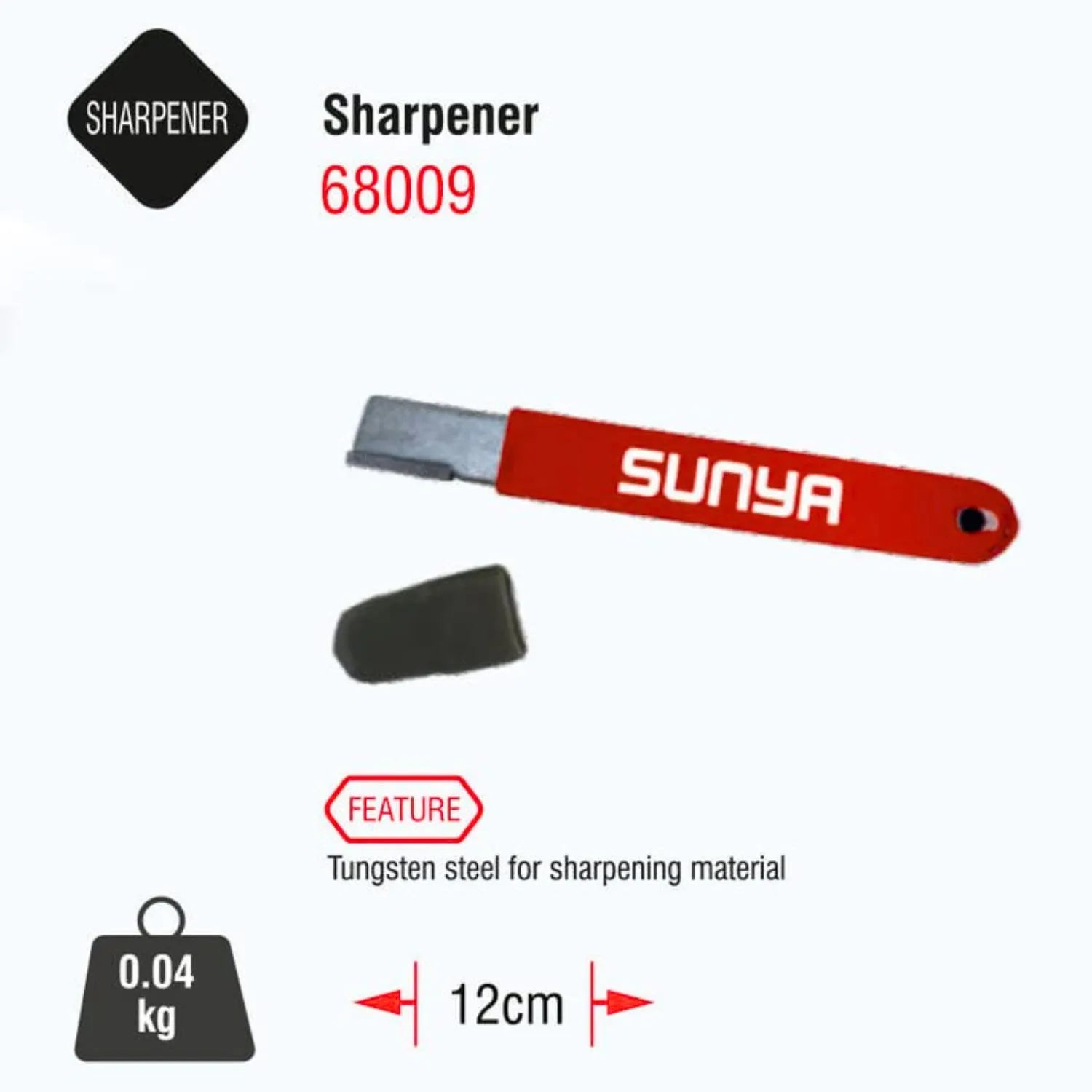 Red handle sharpener with 'Sunya' branding on a white background