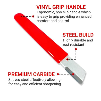 Red handled sharpener with text highlighting vinyl grip handle, steel build, and premium carbide.