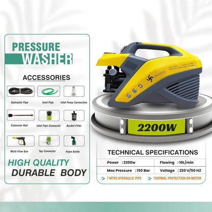 Pressure washer with accessories and technical specifications on a white background