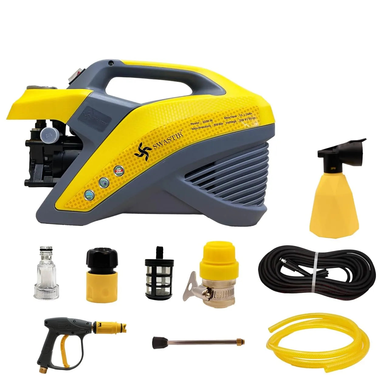 Swastik high-pressure washer with various attachments on a white background at vikas agro mall