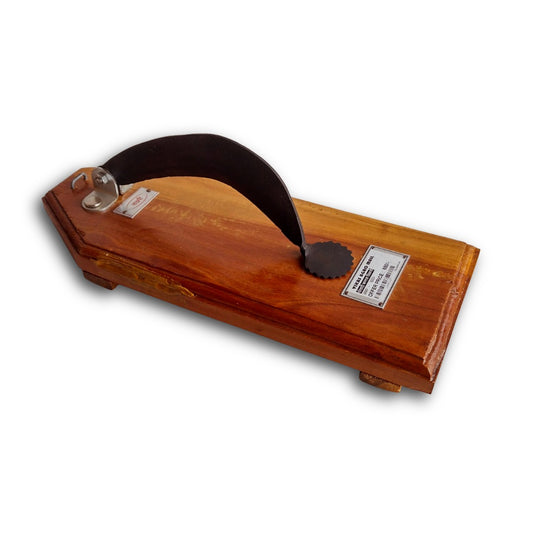 Wooden vili with a curved blade on a white background