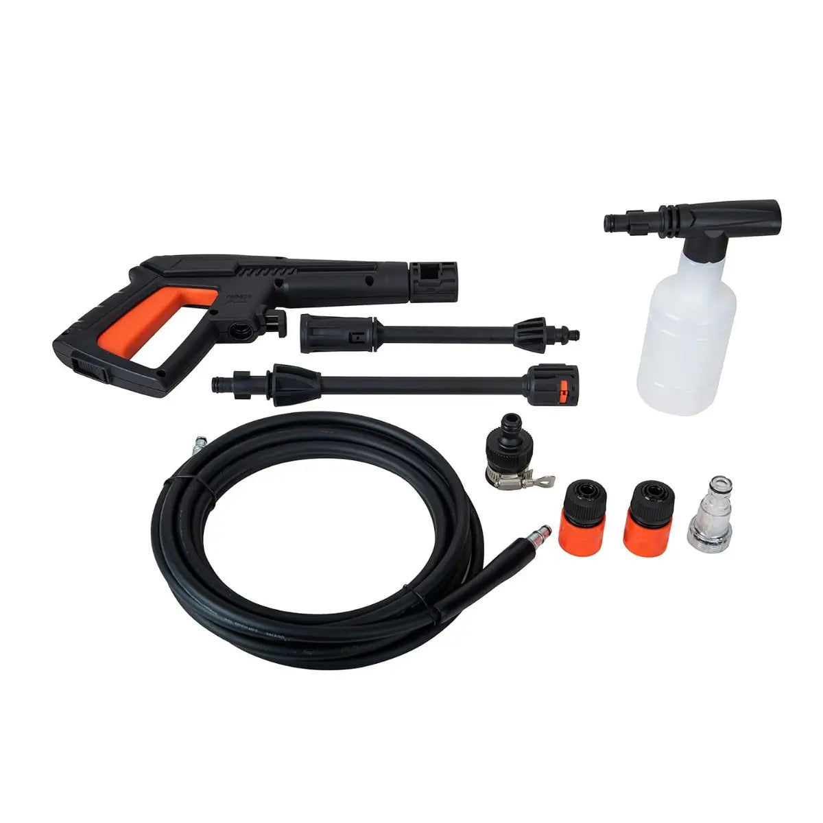 Pressure washer kit with various attachments on a white background